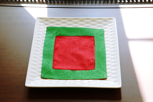 Multicolor Hemstitch cocktail napkin 6". Red & Green border - Click Image to Close